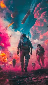 Bold astronauts walk through vibrant cosmic storm clouds