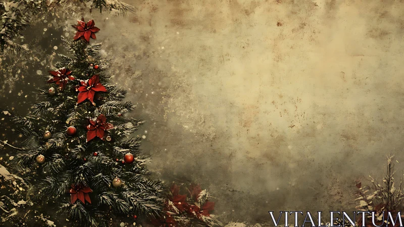 Decorated evergreen tree stands against textured winter wall