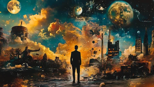 Silhouetted figure surveys divided cosmic-industrial skyline.