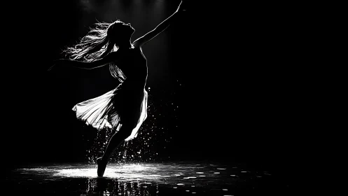 Graceful silhouette dancer leaping through shimmering water.