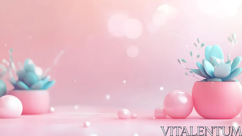 Pastel Blue Succulents in Pink Pots, Soft Minimalist Art.