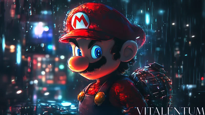 Mario-style character stands in neon city rain at night