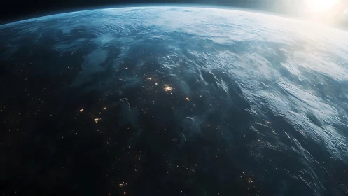 Planetary horizon reveals sunlit atmosphere over night lights