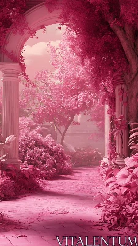 Rose-tinted garden arcade with columns and winding path.