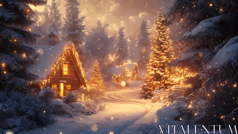 Snowy cabins with warm Christmas lights at dusk.