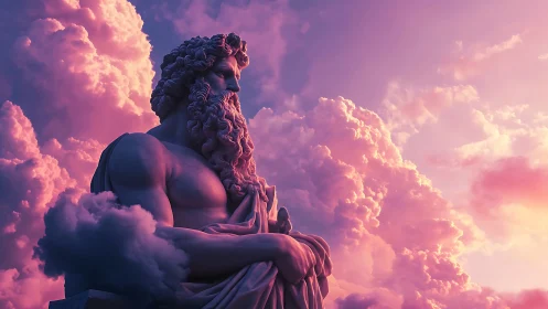Colossal mythic statue rendered against luminous pink clouds