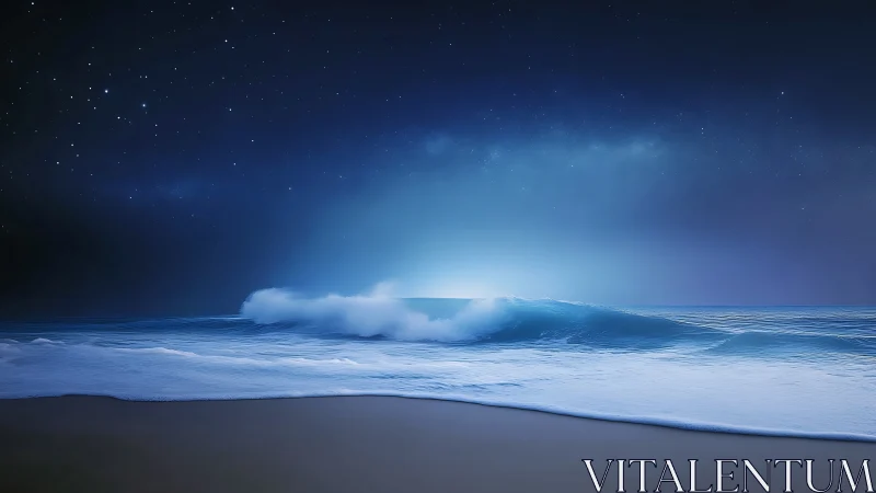 Night shoreline with soft breaking waves and stars.