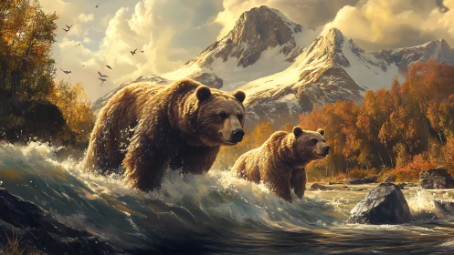 Cinematic wildlife tableau with grizzly bears and alpine river focus.