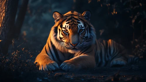 Tiger rests in twilight forest, eyes glowing with intent.
