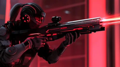Cybernetic sniper aims charged rifle in neon red corridor