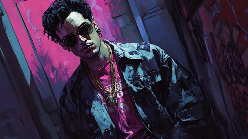 Neon alley daydreamer in mirrored shades and streetlit armor.