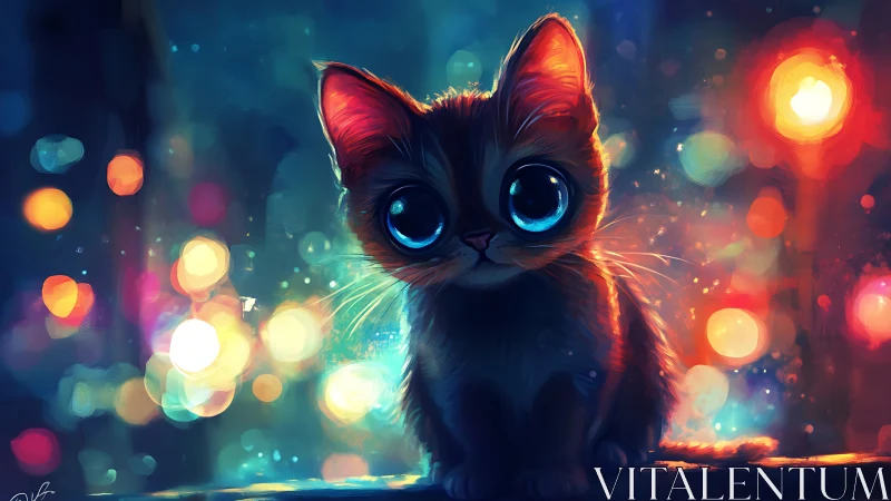 Neon-Eyed Cat in Bokeh Citylight. Digital Fantasy.