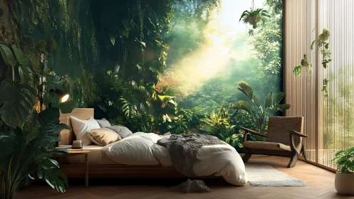 Sunlit jungle bedroom invites quiet rest and gentle escape