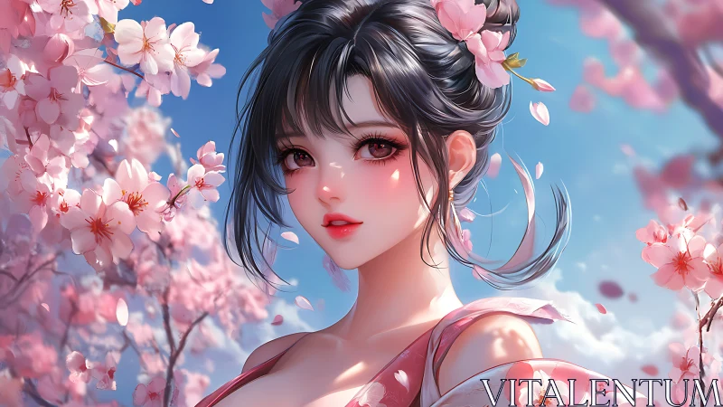 Blossom-kissed anime maiden beneath radiant spring sky.
