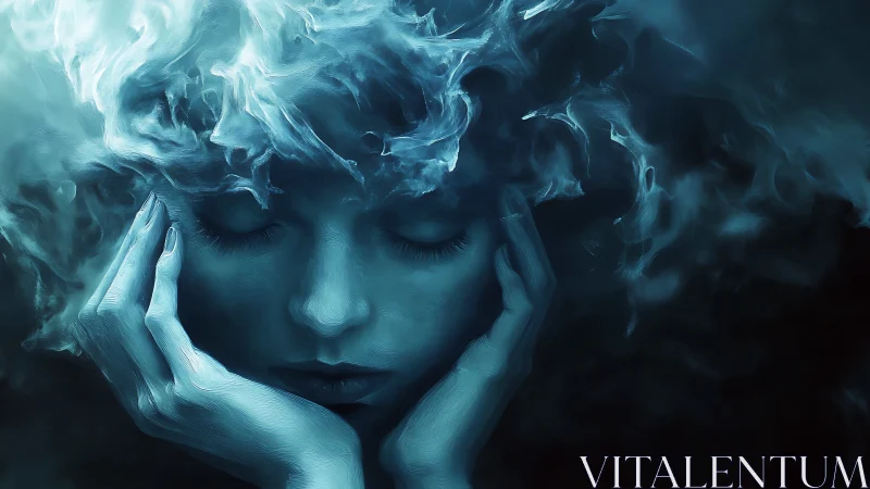 Dreamlike blue portrait with swirling ethereal smoke shroud.