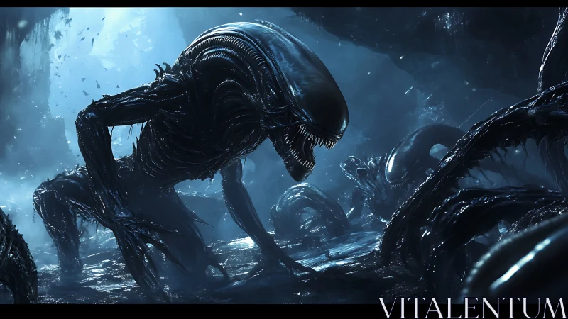 Alien creature pack in dark blue sci fi cavern environment.