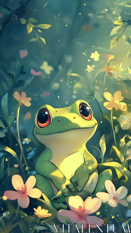 Sunlit forest frog resting among dreamy wildflowers.