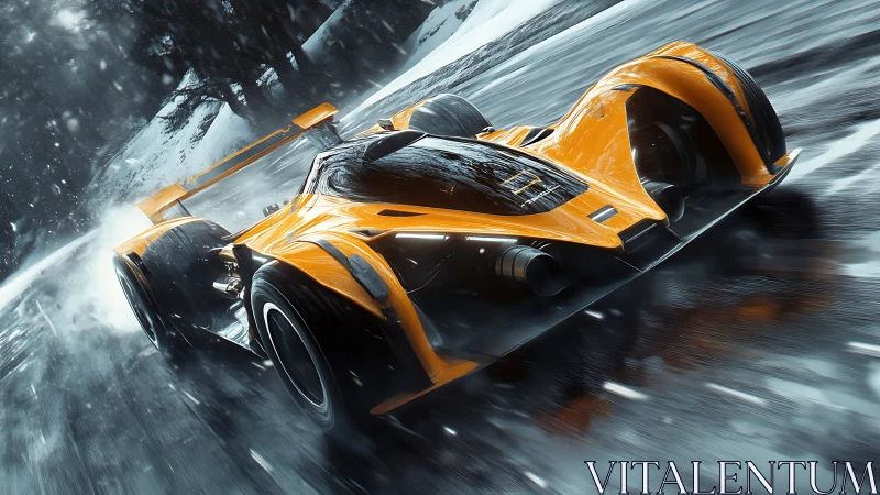 Futuristic orange race car drifting through icy mountain road.