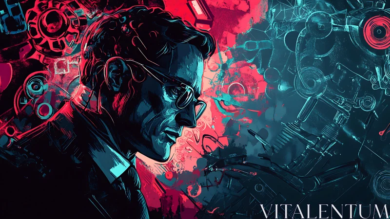 Cybernetic engineer in neon duotone against mechanical schematics