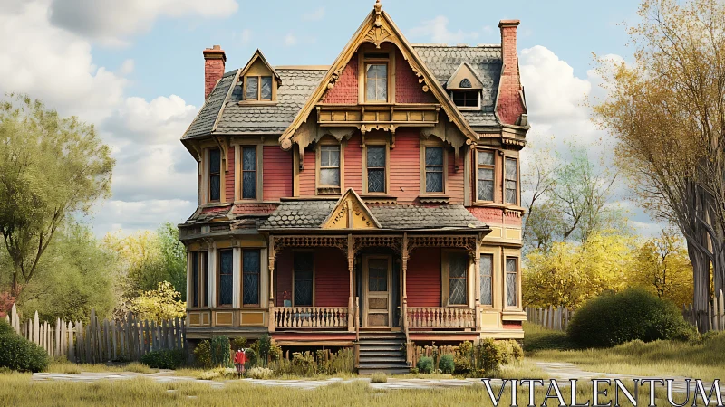 Victorian gingerbread house in warm afternoon garden light.