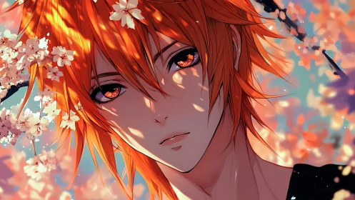 Male anime portrait with orange hair among blossoms.