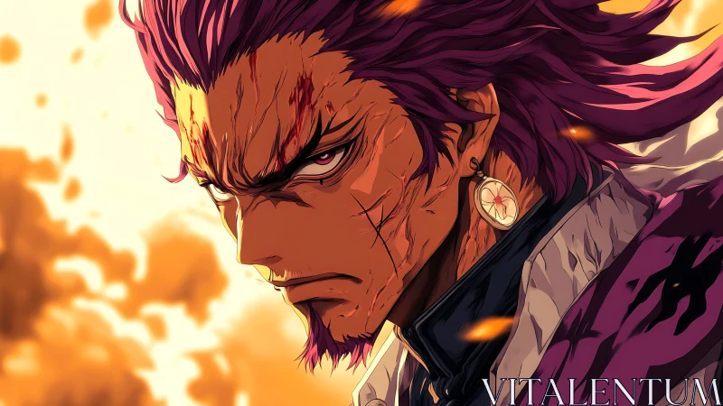 Battle-hardened warrior glares amid blazing golden embers.