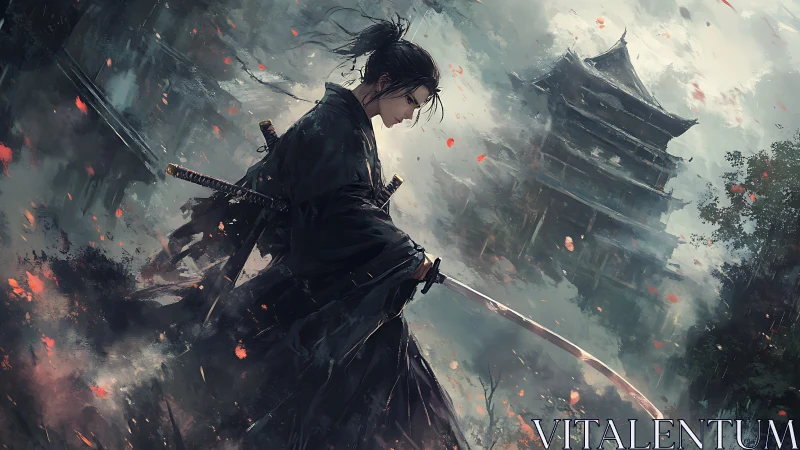Stormlit samurai steadies a silent blade before ancient temple