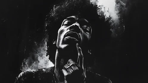 Midnight muse rising in smoke-swirled monochrome reverie.