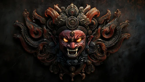 Demonic baroque wall mask with fiery eyes and ornate tendrils.