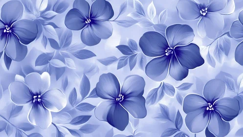 Blue Flowers with Layered Petals and Leaves Pattern.