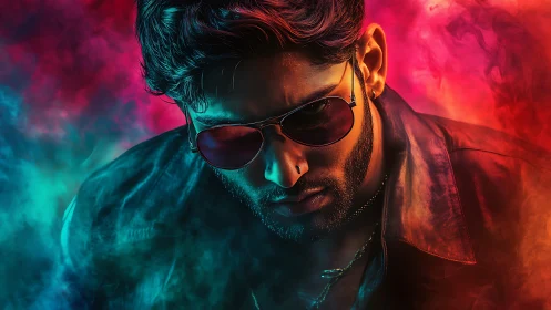 Moody portrait in neon smoke with cinematic dual lighting.