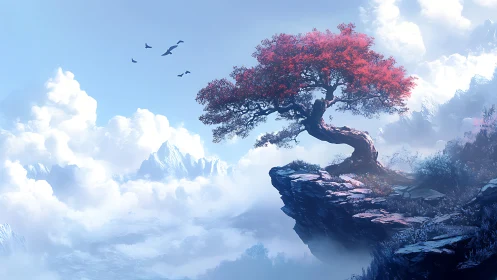 Digital painting of crimson tree on misted mountain precipice.