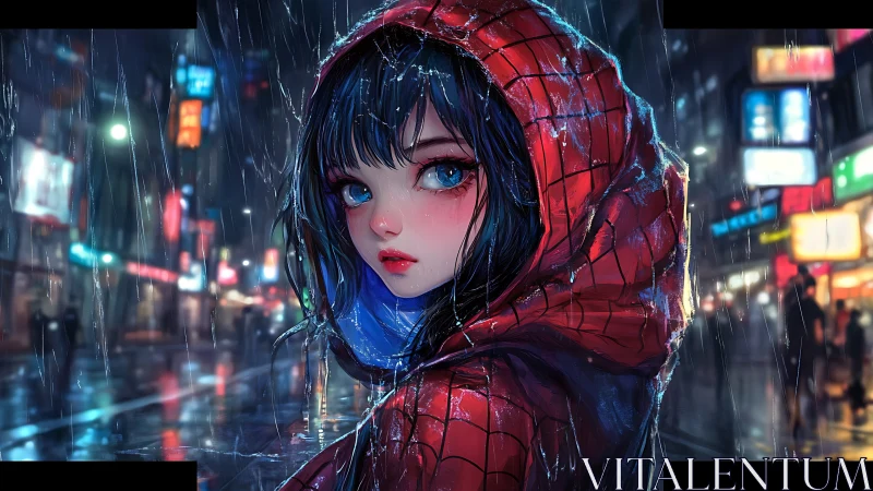 Girl in red hood stands in wet neon city street at night