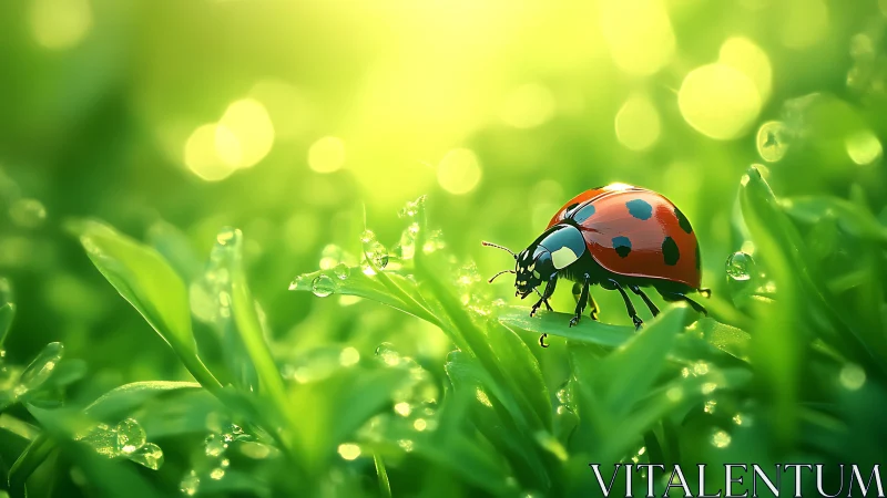 Ladybug explores dewy green leaves in glowing morning light