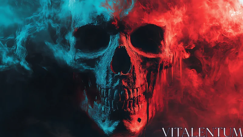 Bilateral neon skull dissolves into cyan and red vapor fields