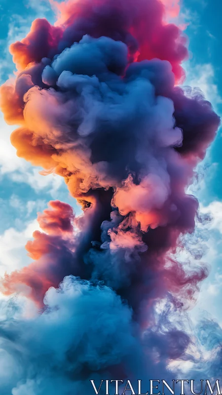 Iridescent smoke plume with cyan, magenta, and amber gradients.