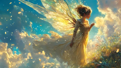 Winged female figure moves laterally across clouded sky