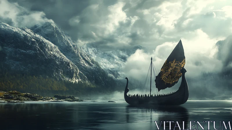 Viking longship under storm-lit fjord mountains, gold sigil sail