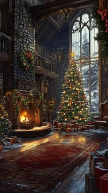 Grand stone hall with glowing Christmas tree and hearth.