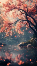 Cherry blossom tree over calm river in soft sunset light.
