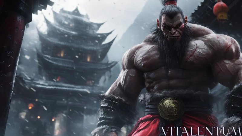 Warrior stands before storm-swept pagoda, ready for battle.