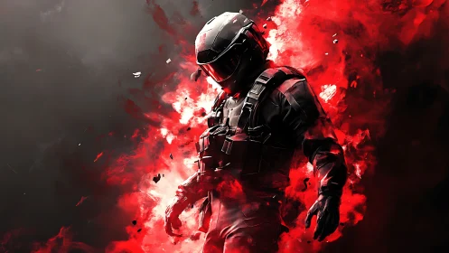 Armored sci fi soldier emerging from red explosive smoke.
