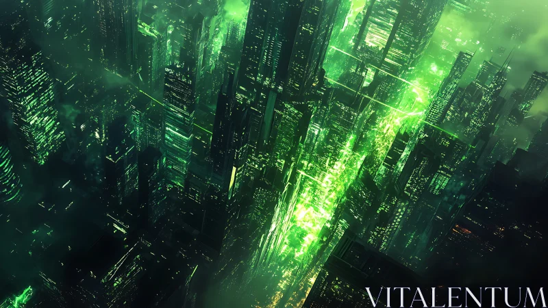 Neon faultline slicing a cyber city of emerald towers.