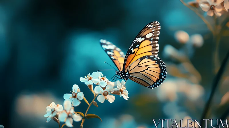 Butterfly on white blossom with soft teal background.