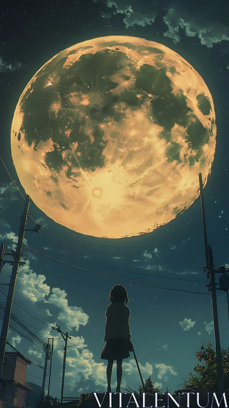 Girl stands under oversized glowing moon in twilight sky