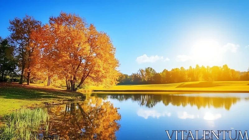 Golden autumn trees by a sunlit lakeside welcoming calm.