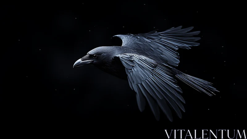 Raven in sharp midflight against deep black void.