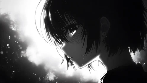 Monochrome side profile of short haired anime character.