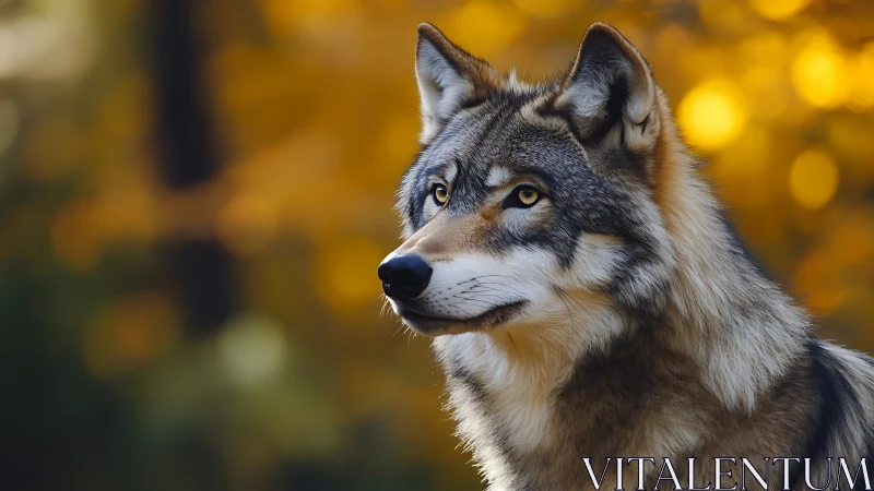 Gentle autumn wolf gazing softly through golden forest light.