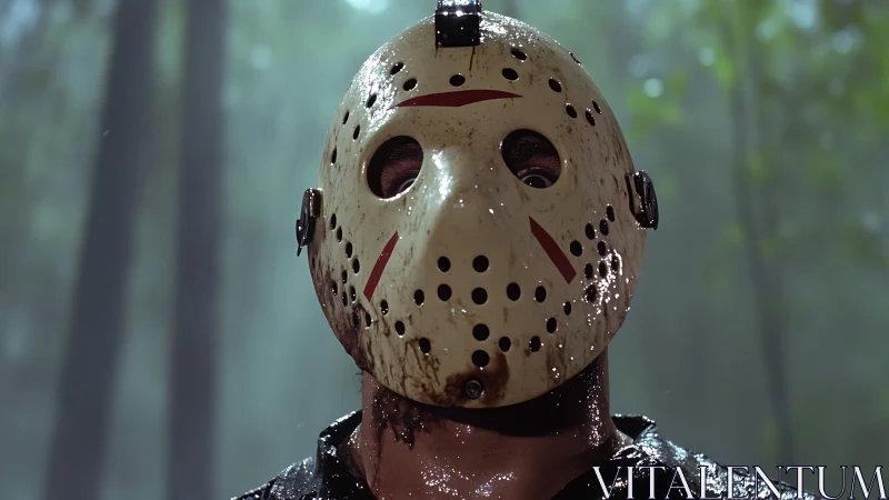 Hockey mask killer stares forward in damp forest gloom